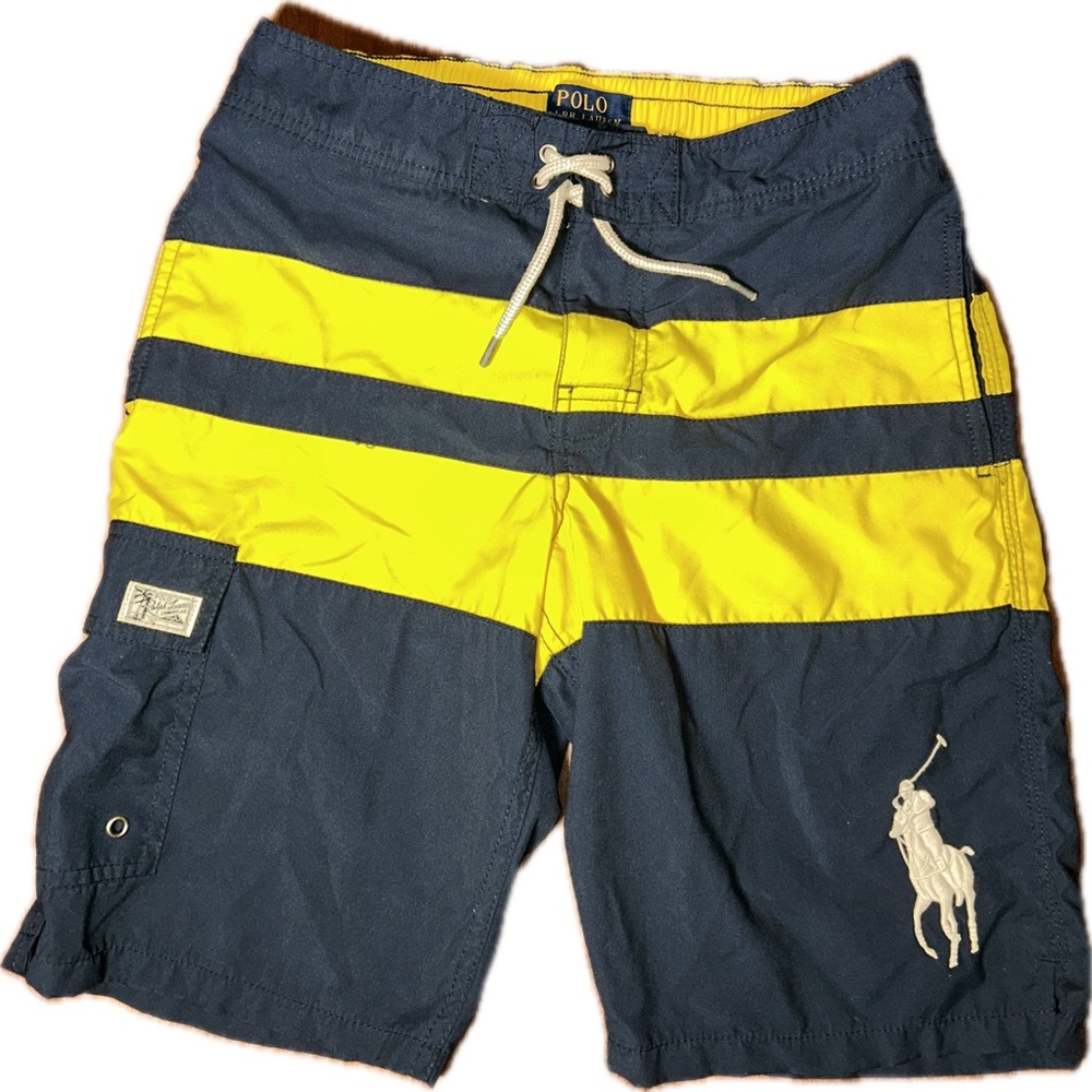 Polo Ralph Lauren Kids Big Pony Navy Yellow Striped Board Shorts Swim Trunks M